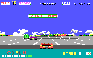 OutRun (DOS) screenshot: Begin Stage 5 (Extended Play!) (EGA/Tandy)