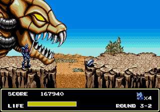 Mazin Saga: Mutant Fighter (Genesis) screenshot: Your are chased to the right by the level boss in this sequence.