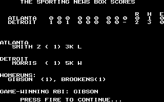 The Sporting News Baseball (DOS) screenshot: Box scores (EGA)