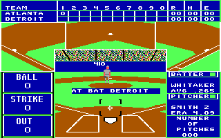 The Sporting News Baseball (DOS) screenshot: Bottom of 1st / At bat Detroit (EGA)