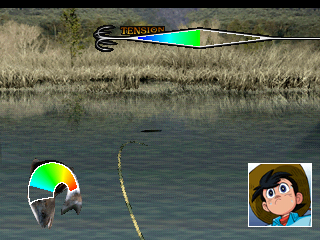 Tsurikichi Sanpei: The Tsuri (PlayStation) screenshot: Trying to reel in a fish. You need to tire it out by pulling the rod opposite of the direction the fish is going. The meter on the bottom left shows how much energy the fish has left.