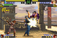 The King of Fighters EX: Neo Blood (Game Boy Advance) screenshot: Helped by Whip and her swinging combat weapon, Clark hits Robert with 3 hits of his Gatling Attack.