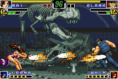 The King of Fighters EX: Neo Blood (Game Boy Advance) screenshot: Through her DM Mizudori no Mai, the Shiranui female fighter wants to cease Clark's run at all costs!