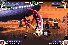 The King of Fighters EX: Neo Blood (Game Boy Advance) screenshot: Using her command move Strike Arch, Leona finds a mode to strike back Choi's move Full-Speed Dicer.