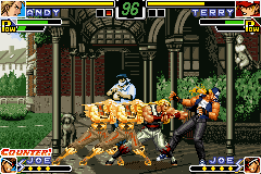 The King of Fighters EX: Neo Blood (Game Boy Advance) screenshot: Andy Bogard attacks Terry using a single and strong frontal hit of his elbow-based move Zan'ei Ken.