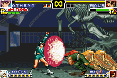 The King of Fighters EX: Neo Blood (Game Boy Advance) screenshot: Athena Asamiya uses her Psycho Reflector as way to parry a lot of Ralf Jones' tackle-running attack.