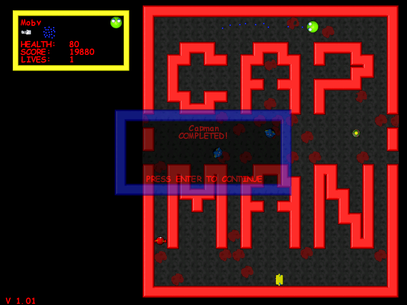 Capman (Windows) screenshot: All pellets on level one eaten, time for level two. Notice also the healthy number of bloodsplats left behind. Blood can be turned out in the options