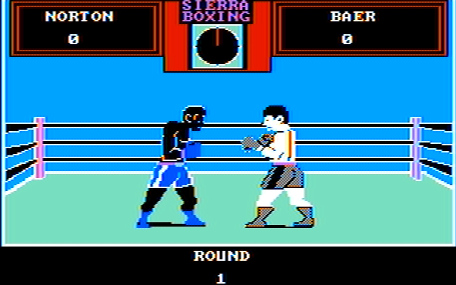 Sierra Championship Boxing (PC Booter) screenshot: Norton and Baer fixin' for fisticuffs. (CGA, composite)