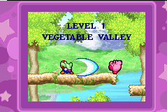 Kirby: Nightmare in Dreamland (Game Boy Advance) screenshot: The level 1 intro has been "censored" to not suggest Kirby using violence anymore
