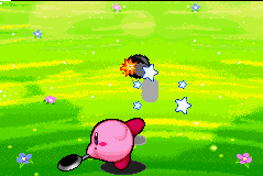 Kirby: Nightmare in Dreamland (Game Boy Advance) screenshot: The old bonus games have been completely replaced. This is "Bomb Rally", which is four-player tennis with explosives.