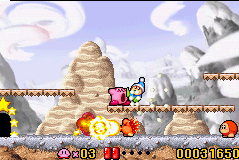 Kirby: Nightmare in Dreamland (Game Boy Advance) screenshot: You could describe the Kirby platformers as "Eat'em'up" games.