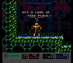 B.O.B. (SNES) screenshot: "Get a load from this place". Sure.