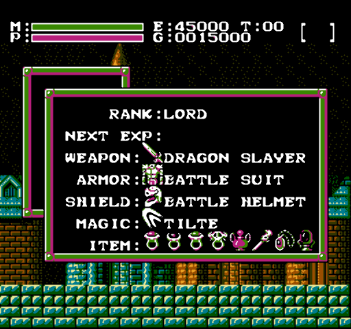 Faxanadu (NES) screenshot: Equipment screen