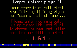 Roller Coaster Rumbler (DOS) screenshot: Entering your name of score (EGA)