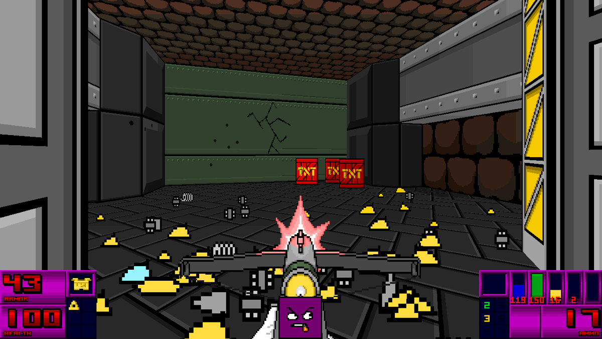 The Adventures of Square (Windows) screenshot: Good ol' explosive crates next to conspicuously cracked walls!