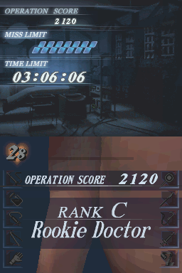 Trauma Center: Under the Knife (Nintendo DS) screenshot: Rank and score after the operation.