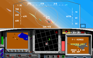 F-15 Strike Eagle II: Operation Desert Storm Scenario Disk (DOS) screenshot: Firing gunfire to F-1 Mirage