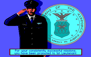 F-15 Strike Eagle II: Operation Desert Storm Scenario Disk (DOS) screenshot: Promoted to 1st Lieutenant