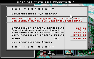 Das Haus (Atari ST) screenshot: A new game welcomes you with a tax assessment note.