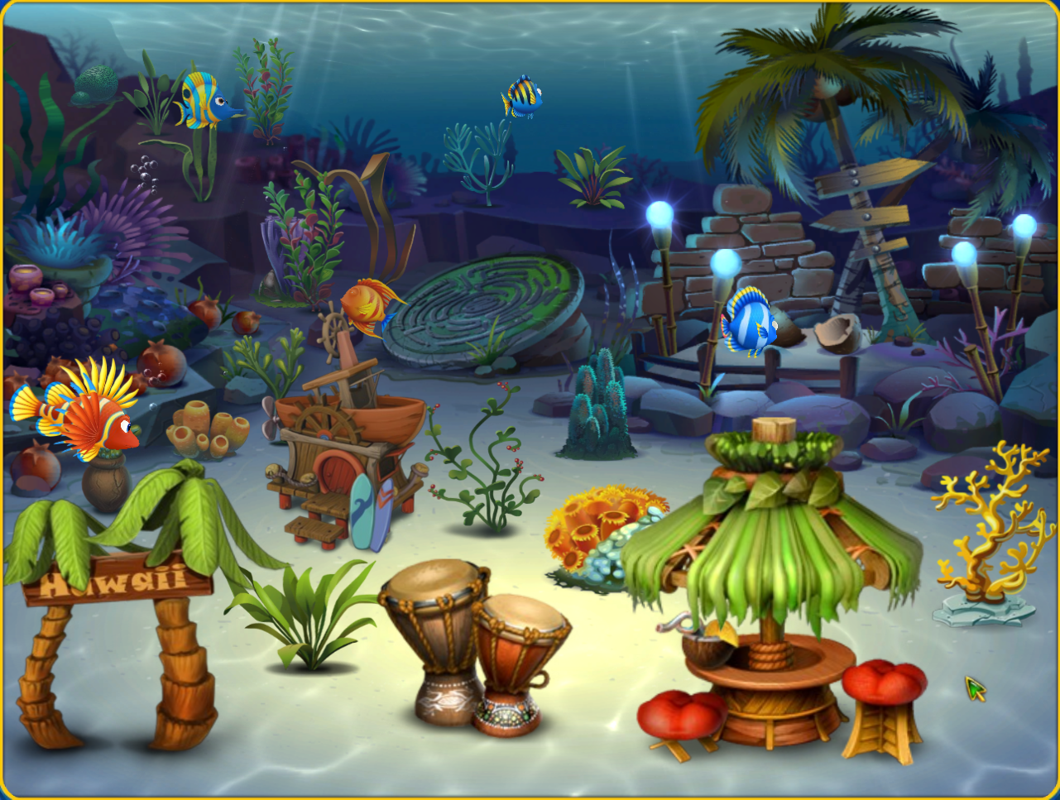 Fishdom 3 (Windows) screenshot: Tropical Paradise tank - again no too interesting animations, mostly objects moving and making bubbles.