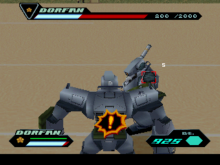 Kidō Keisatsu Patlabor: Game Edition (PlayStation) screenshot: The "!" means that the opponent is just about to attack, so now it's best to either block or avoid the incoming Labor!