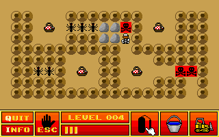 Ant Attack (DOS) screenshot: Later levels have more targets to defend... and more insectoid interlopers to repel