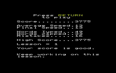 MasterType (VIC-20) screenshot: Summary