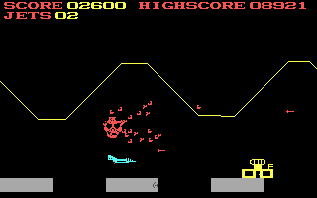 Jumpjet (DOS) screenshot: Head to head with the bizarre, bouncing Head of Doom (low-res EGA)
