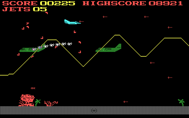 Jumpjet (DOS) screenshot: JumpJet spreads mayhem and destruction (low-res EGA)