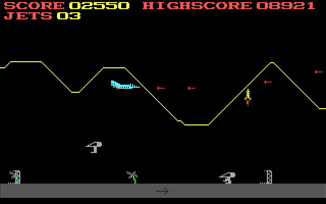 Jumpjet (DOS) screenshot: Rocket launchers and jumping alien robots, oh my (low-res EGA)
