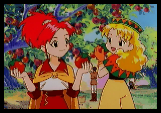 Mahō Gakuen Lunar! (SEGA Saturn) screenshot: Elie and Lena pick apples together in Burg.