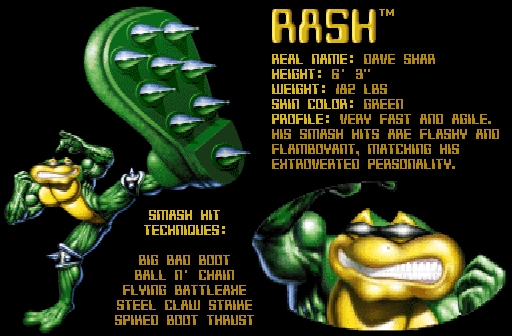 Battletoads (Arcade) screenshot: Introducing the toads: Rash