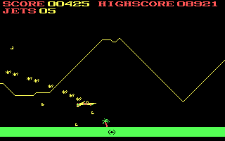 Jumpjet (DOS) screenshot: Taken a hit and crashing fast (CGA)