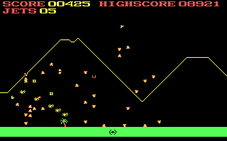 Jumpjet (DOS) screenshot: A fiery explosive death for JumpJet (CGA)