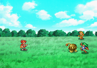 Mahō Gakuen Lunar! (SEGA Saturn) screenshot: The characters don't have weapons yet, so Senia kicks the enemy.