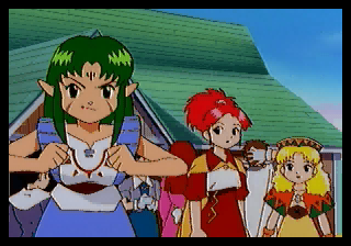 Mahō Gakuen Lunar! (SEGA Saturn) screenshot: Elie and Lena make a new friend; turns out Senia hates those rowdy boys as much as they do.