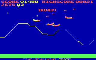 Jumpjet (DOS) screenshot: Bonus round: hunt down those jets (CGA)