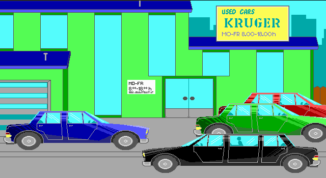 Crime Fighter (DOS) screenshot: I know that I would buy a car here!