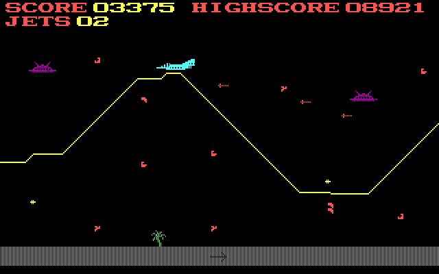 Jumpjet (DOS) screenshot: Eat lead, alien scum! (low-res EGA)