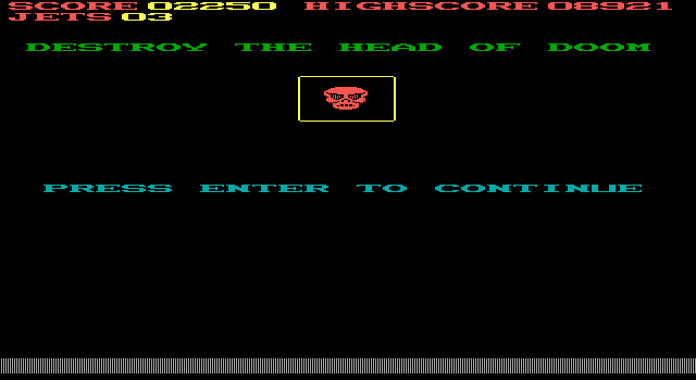 Jumpjet (DOS) screenshot: Destroy the Head of Doom! (hi-res EGA)