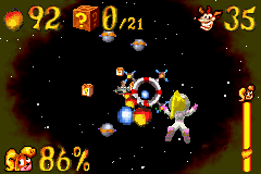 Crash Bandicoot 2: N-Tranced (Game Boy Advance) screenshot: During space-based levels, Coco Bandicoot will meet asteroids and many other typical obstacles...