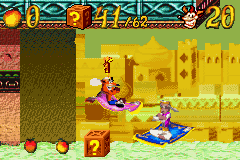 Crash Bandicoot 2: N-Tranced (Game Boy Advance) screenshot: Riding the Magic Carpet: during this brief time, Crash is rewarded with some helpful powers...
