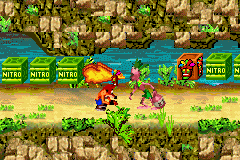 Crash Bandicoot 2: N-Tranced (Game Boy Advance) screenshot: Surrounded by some Nitro Crates and a flame-spitting guy, Crash crouches and waits the danger ends.