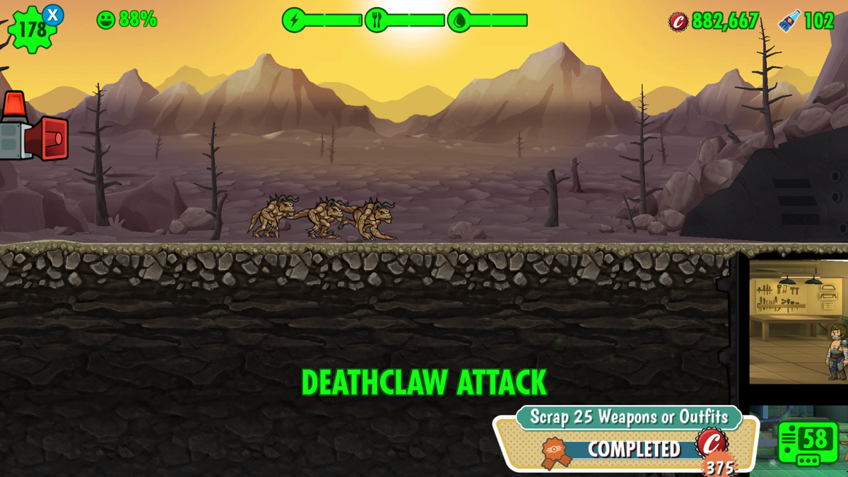 Fallout Shelter (Xbox One) screenshot: Alert! Deathclaws are attacking!