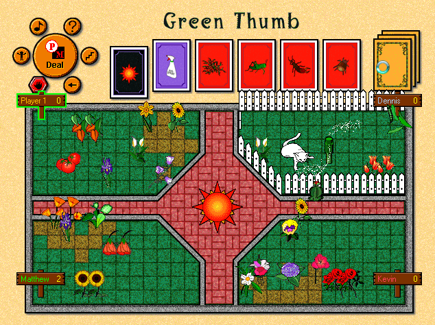 Green Thumb Cards (Windows) screenshot: The hot sun is a disaster that ruins everyone's plants, except Dennis because he's got a water sprinkler.