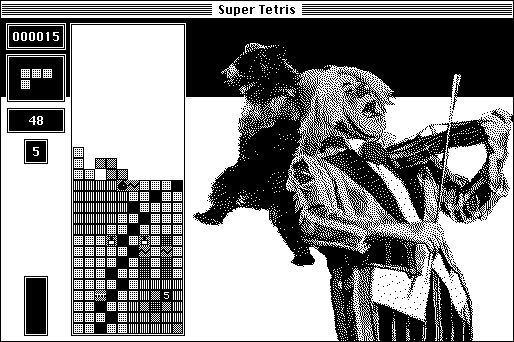 Super Tetris (Macintosh) screenshot: Level 5 (B&W)