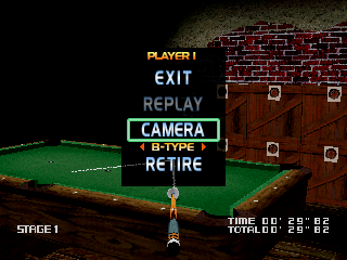 Carom Shot (PlayStation) screenshot: There are three pre-set camera types