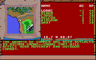 Treasures of the Savage Frontier (Amiga) screenshot: A weather system affects your party's movement through the land.