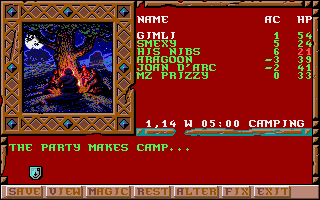 Treasures of the Savage Frontier (Amiga) screenshot: The party makes camp.