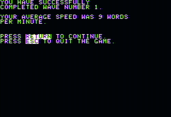 MasterType (Apple II) screenshot: Wave completed